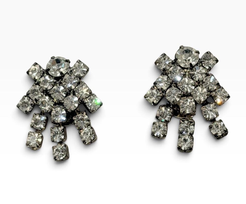 Bluette France Rhinestone Articulated Dangle Shoe Clips Silver Tone 1960s 1.25"